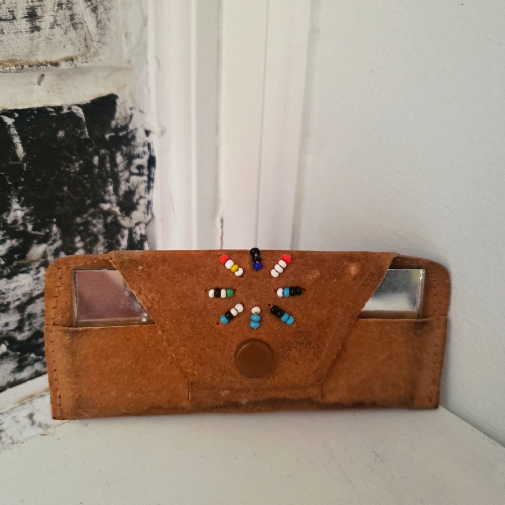 Small Indian beaded leather cased travel mirror
